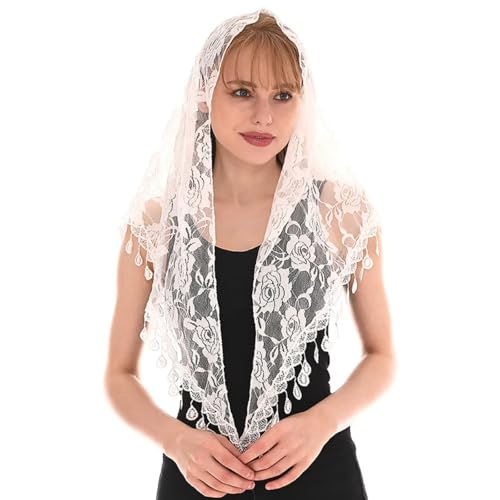 GGAUBAIFI Blumen-Spitzenschleier, dreieckiger Mantilla-Schleier, Schal oder Schal, Kopfbedeckung für lateinische Massen mit Fransenspitze von GGAUBAIFI