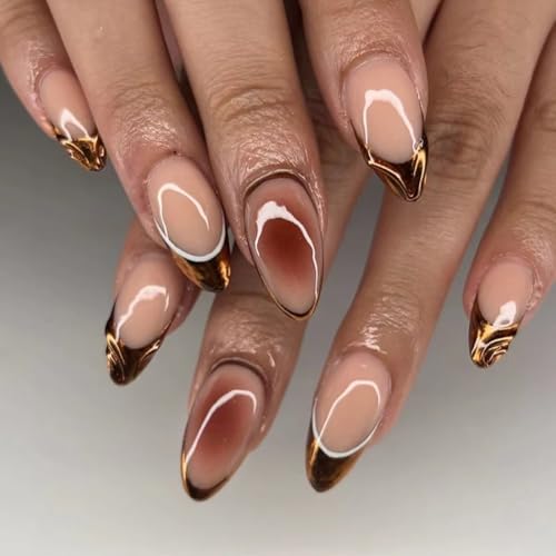 GGAUBAIFI French Tips Nails Press Ons, Caramel Mandel Press on Nails Fake Nails Glänzende künstliche Acrylnägel zum Aufkleben für Frauen 24 Stück von GGAUBAIFI