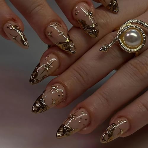 GGAUBAIFI Gold Star Moon French Tips Nails Press Ons, Gold Chrome Mandel Press on Nails Fake Nails Glänzende künstliche Acrylnägel zum Aufkleben für Frauen 24 Stück von GGAUBAIFI