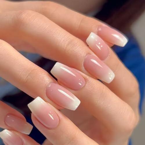GGAUBAIFI Gradient Pink Coffin Press on Nails, künstliche Nagelspitzen, vollständige Abdeckung, mittelgroße künstliche Farbverlaufsnägel für Frauen und Mädchen, 24-teilig von GGAUBAIFI