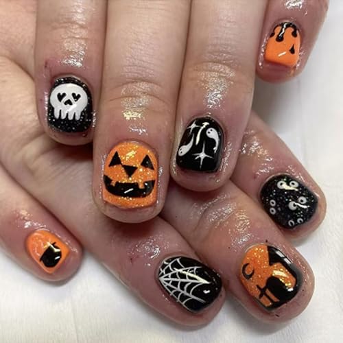 GGAUBAIFI Halloween Press on Nails Kurze quadratische künstliche Nägel Nude Full Cover mit Geisterspinnen-Kürbis-Designs Acryl-Kunstnägel für Frauen Mädchen 24 Stück von GGAUBAIFI