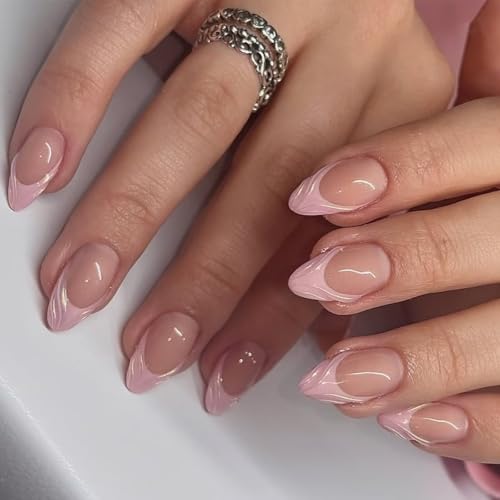 GGAUBAIFI Nails zum Aufdrücken mit französischer Spitze, Mandel, Rosa zum Aufdrücken von Nägeln, kurz, zum Aufkleben von Nägeln als Geschenk für Frauen, äußerst passendes, natürliches Nagelset von GGAUBAIFI