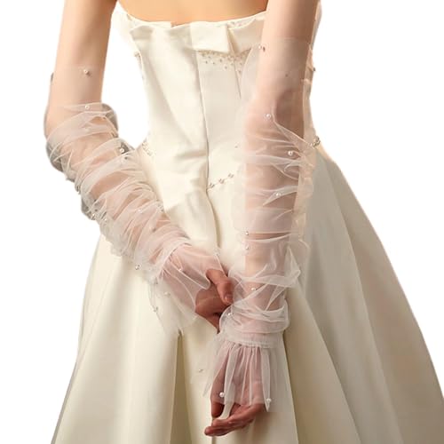 GGAUBAIFI Perlweiße lange Netzhandschuhe, fingerlose Opern-Tüllhandschuhe der 1920er Jahre, Ellenbogenlänge, Halloween-Party-Accessoires, Damenmode, transparente Handschuhe von GGAUBAIFI