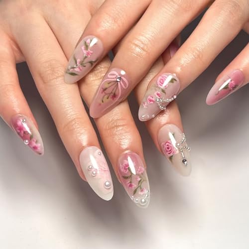 GGAUBAIFI Pink Flower Press on Nails Medium Mandel Fake Nails mit Design Stick on Nails, Acrylnägel Flash Künstliche Nägel für Frauen Nail Art Dekoration 24 Stück von GGAUBAIFI