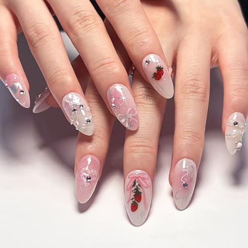 GGAUBAIFI Press-On-Nägel mit Schleife und Erdbeere, mandelförmig, mittelgroß, pinkes Design, Klebenägel für Frauen, perfekt sitzende, glänzende Klebenägel. von GGAUBAIFI