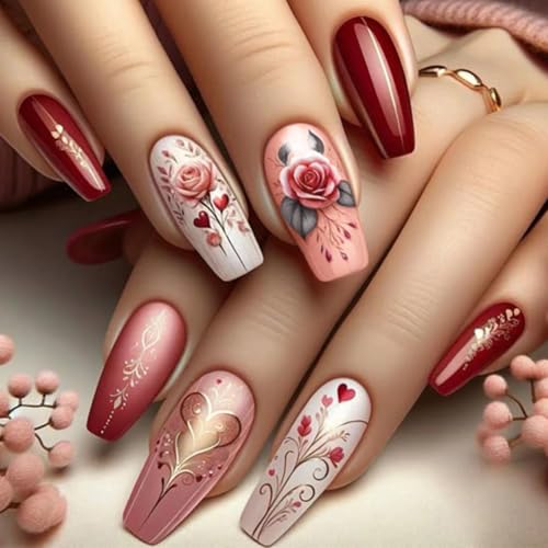 GGAUBAIFI Rose Nails Press Ons, Flower Square Press on Nails Fake Nails Glänzende künstliche Acrylnägel zum Aufkleben für Frauen 24 Stück von GGAUBAIFI