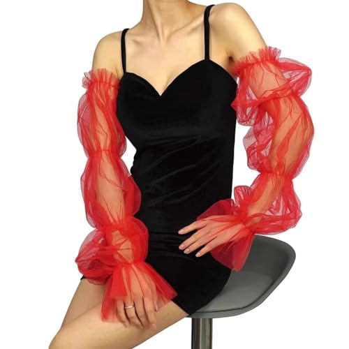 GGAUBAIFI Rote lange, transparente Handschuhe für Damen, ausgefallene, bauschige, dehnbare Mesh-Handschuhe aus 1920er-Jahre-Opern-Tüll, fingerlose, elegante Opern-Party-Tanzhandschuhe von GGAUBAIFI