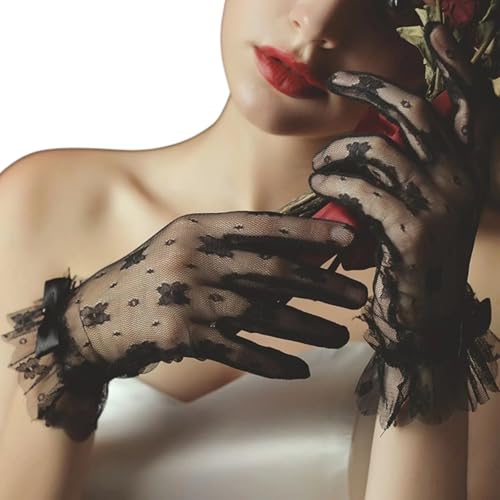 GGAUBAIFI Schwarze kurze Spitzenhandschuhe, Damen-Hochzeitshandschuhe, transparente Blumen-Teeparty-Handschuhe, 20er-Jahre-Abend-Opernhandschuhe, Brauthandschuhe von GGAUBAIFI