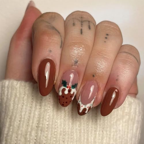 GGAUBAIFI Weihnachtsnägel zum Aufdrücken, Mandel, mittelgroß, künstliche Nägel, braunes Elch-Design, französisches Weihnachtsnägel-Set für Frauen, Weihnachts-Kunstnägel-Set, 24-teilig von GGAUBAIFI