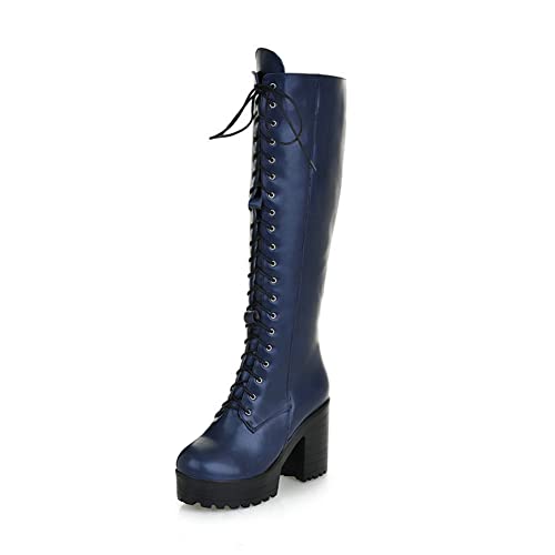 Blockabsatz Schnürstiefel Damen Kniehohe Stiefel Plateau Gothic Punk Kampfstiefel Mit Reißverschluss,Blau,42 EU von GGBLCS