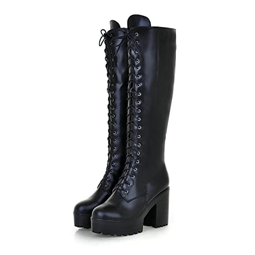 Blockabsatz Schnürstiefel Damen Kniehohe Stiefel Plateau Gothic Punk Kampfstiefel Mit Reißverschluss,Schwarz,39 EU von GGBLCS