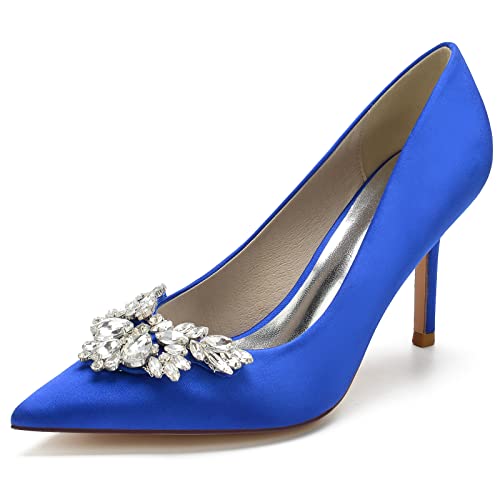 Damen Brautschuhe High Heels Pumps Spitzschuh Satin Strass Hochzeit Kleid Schuhe 1962-1A,Blau,39 EU von GGBLCS