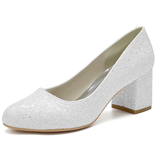 Damen Glitter Pumps Blockabsatz Geschlossene Zehe Hochzeit Brautschuhe Party Schuhe CG1195-01DLP,Weiß,40 EU Damen Glitter Pumps Blockabsatz Geschlossene Zehe Hochzeit Brautschuhe Party Schuhe CG1195-01DLP,Weiß,40 EU von GGBLCS