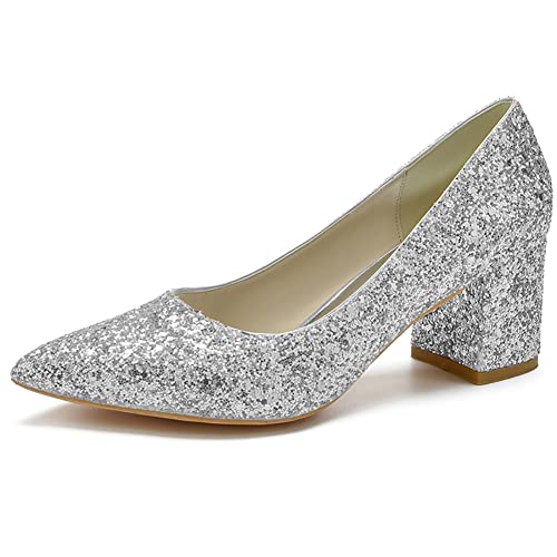 Damen Glitter Pumps Blockabsatz Spitze Zehen Hochzeit Brautschuhe CG1608-01DLP,Silber,35 EU von GGBLCS