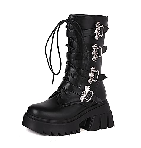 Damen Gothic Punk Schnürstiefel Mit Blockabsatz Plateau Motorrad Halbschaft Stiefel Mit Metallschnalle,Black pu,35 EU von GGBLCS