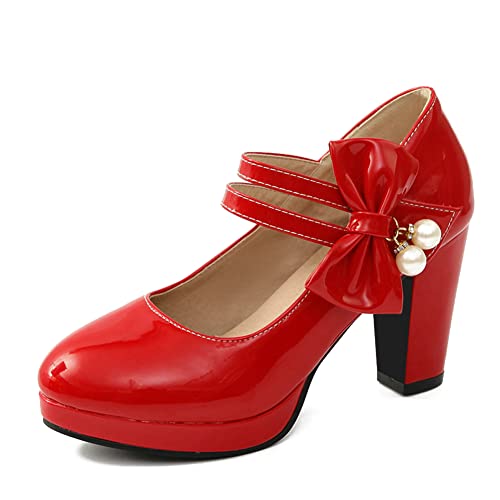 Damen Knöchelriemen Mary Jane Pumps Blockabsatz Plateau Lolita Schuhe Mit Schleifen,Rot,42 EU von GGBLCS