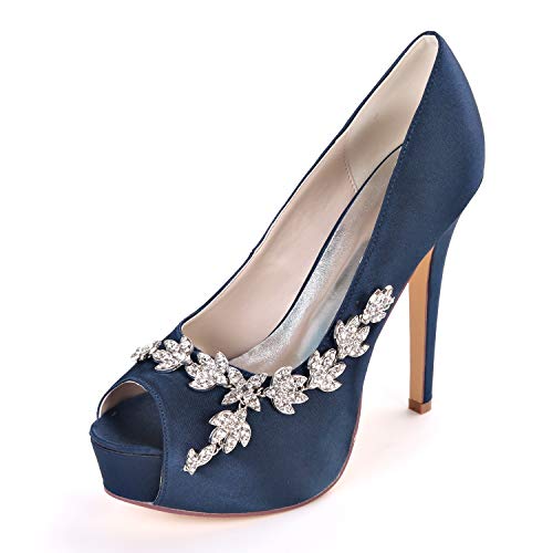 Damen Peep Toe Pumps Plateau Hochzeit Brautschuhe High Heels Strass Satin Prom Party Schuhe 3128-10,Marine,41 EU von GGBLCS