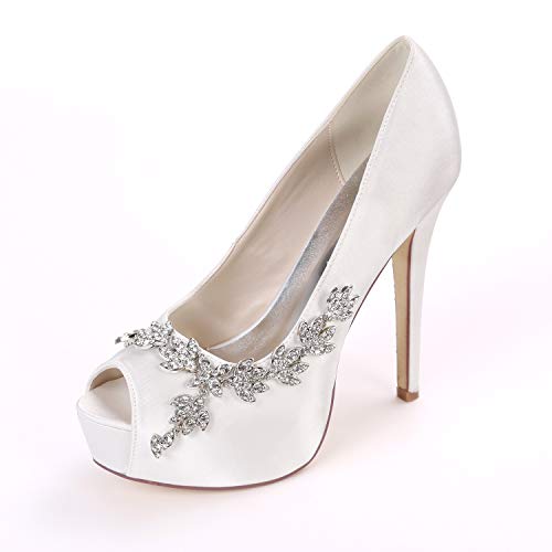 Damen Peep Toe Pumps Plateau Hochzeit Brautschuhe High Heels Strass Satin Prom Party Schuhe 3128-10,Weiß,36 EU von GGBLCS