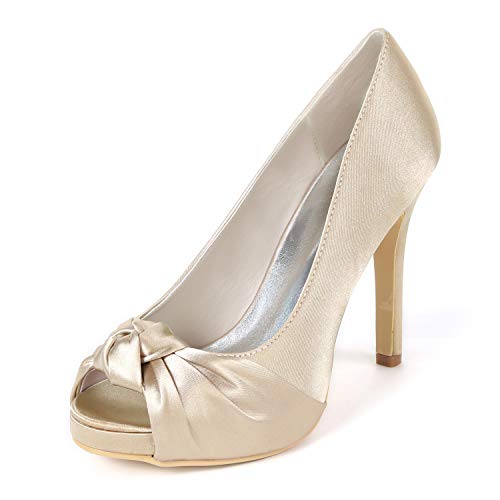 Damen Plateau Brautschuhe Stiletto High Heels Peep Toe Pumps Satin Party Hochzeit Abend Schuhe 6041-23,Champagne,40 EU von GGBLCS