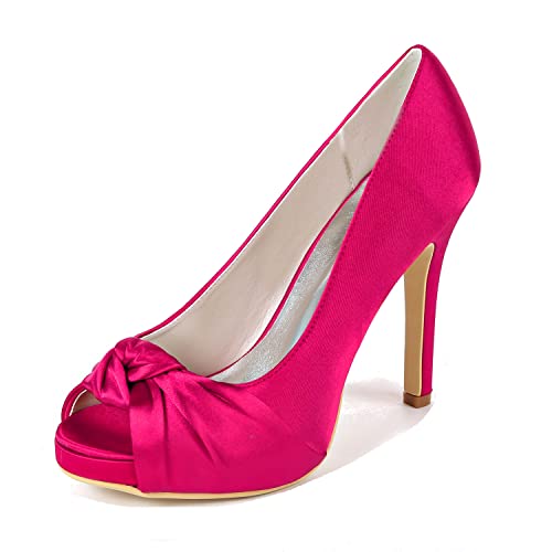 Damen Plateau Brautschuhe Stiletto High Heels Peep Toe Pumps Satin Party Hochzeit Abend Schuhe 6041-23,Fuchsia,39 EU von GGBLCS