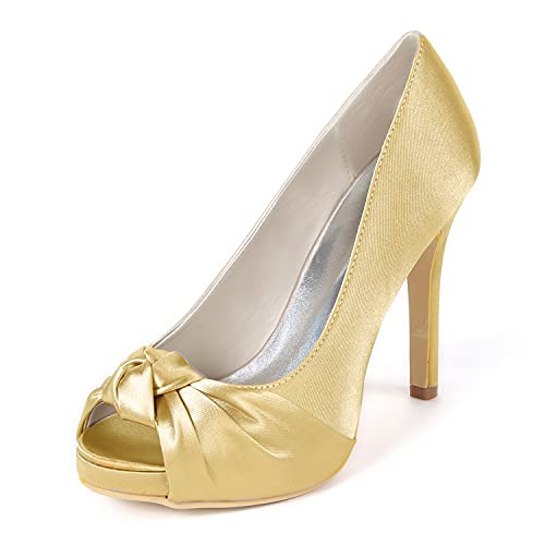 Damen Plateau Brautschuhe Stiletto High Heels Peep Toe Pumps Satin Party Hochzeit Abend Schuhe 6041-23,Gold,38 EU von GGBLCS