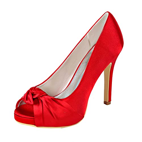 Damen Plateau Brautschuhe Stiletto High Heels Peep Toe Pumps Satin Party Hochzeit Abend Schuhe 6041-23,Rot,38 EU von GGBLCS