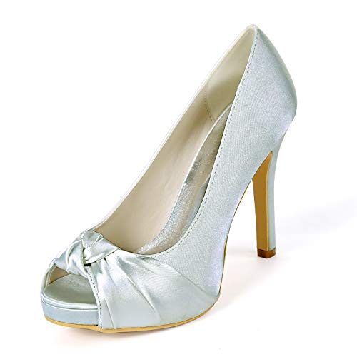 Damen Plateau Brautschuhe Stiletto High Heels Peep Toe Pumps Satin Party Hochzeit Abend Schuhe 6041-23,Silber,38 EU von GGBLCS