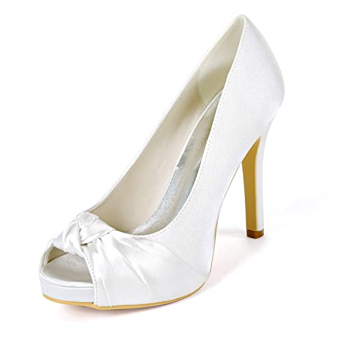 Damen Plateau Brautschuhe Stiletto High Heels Peep Toe Pumps Satin Party Hochzeit Abend Schuhe 6041-23,Weiß,38 EU von GGBLCS