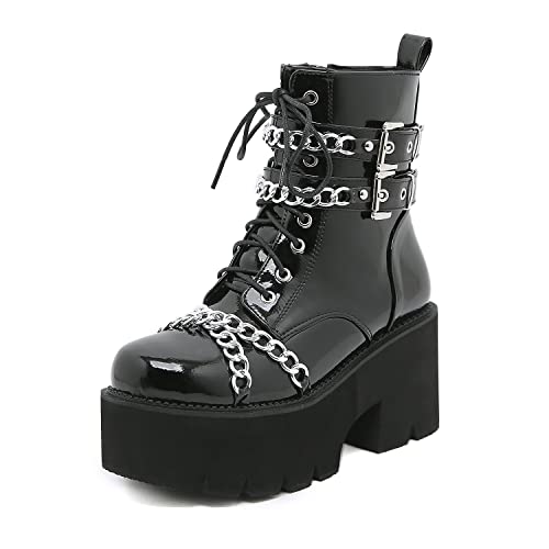 Damen Plateau Combat Stiefeletten Blockabsatz Lackleder Punk Gothic Schnürstiefel Mit Kette,Schwarz,38 EU von GGBLCS