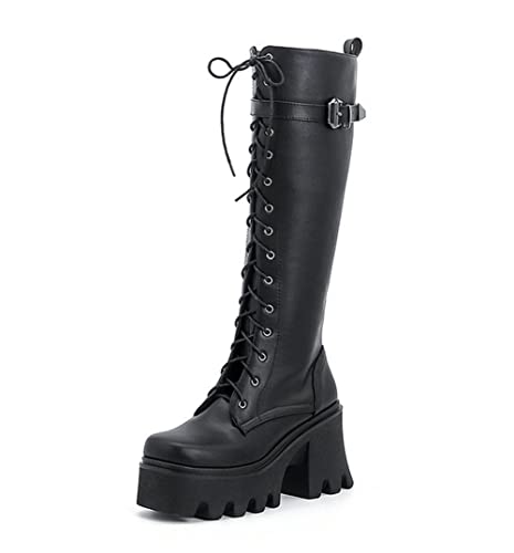 Damen Plateau Kniehohe Stiefel Blockabsatz Punk Gothic Schnürstiefel Mit Reißverschluss,Schwarz,40 EU von GGBLCS