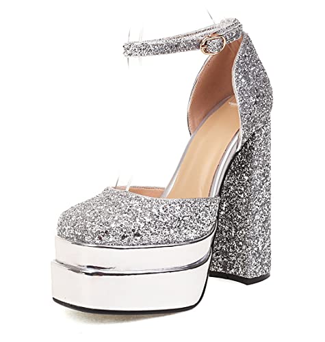 Damen Plateau Pumps Mit Blockabsatz Knöchelriemen Glitzer Square Toe Hochzeitsschuhe,Silber,38 EU von GGBLCS