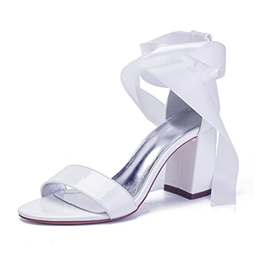 Damen Sandalen Mit Blockabsatz 8cm Band Schnürsenkel Offene Zehen Braut Hochzeitsschuhe 858-2,Weiß,38 EU von GGBLCS