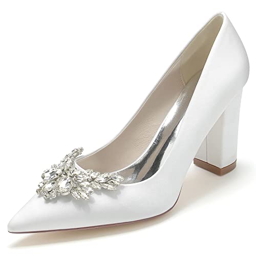 Damen Satin Pumps Blockabsatz Brautschuhe Spitze Zehen Strass Hochzeitskleid Schuhe 22014-1A,Weiß,37 EU von GGBLCS