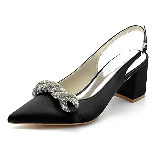 Damen Slingback Pumps Hochzeitsschuhe Blockabsatz Spitze Zehen Satin Strass Party Brautschuhe CG1608-20SZ,Schwarz,43 EU von GGBLCS