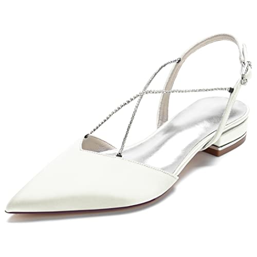 Damen Spitze Zehen Ballerinas Satin Slingback Flache Hochzeit Brautschuhe Mit Diamante Sandalen 18448-23,Elfenbein,43 EU von GGBLCS