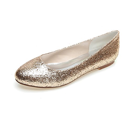 Frauen Ballerinas Glitzer Runde Zehen Flache Brautjungfer Prom Brautschuhe 9872-03,Gold,42 EU von GGBLCS