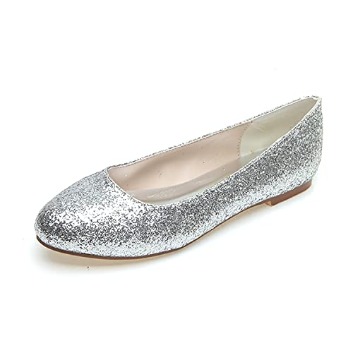 Frauen Ballerinas Glitzer Runde Zehen Flache Brautjungfer Prom Brautschuhe 9872-03,Silber,36 EU von GGBLCS