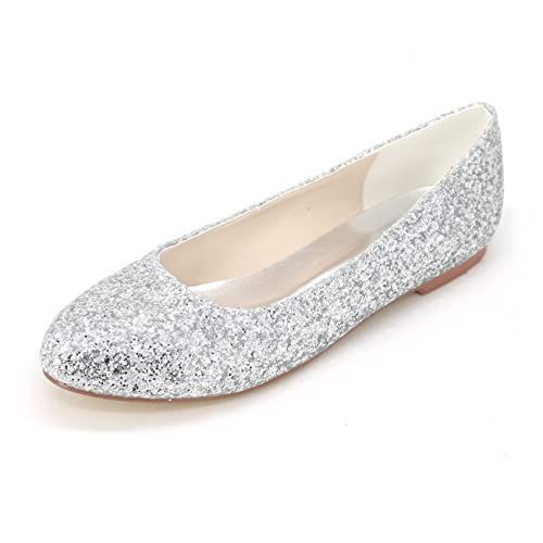 Frauen Hochzeit Ballerinas Glitzer Runde Zehen Flache Brautjungfer Brautschuhe 9872-03A,Silber,39 EU von GGBLCS