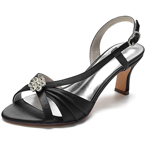 Frauen Kitten Heels Hochzeit Sandalen Peep Toe Satin Strass Slingback Abend Brautschuhe 36861-9,Schwarz,43 EU von GGBLCS