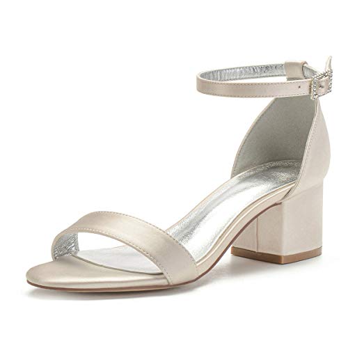 Frauen Niedrig Blockabsatz Hochzeitssandalen Satin Peep Toe Knöchelriemen Party Abend Brautschuhe 702-2,Champagne,36 EU von GGBLCS