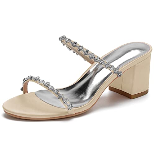 Frauen Pantoletten Mit Blockabsatz Mules Knöchelriemen Sandalen Satin Strass Hochzeit Brautschuhe CG1920-01Z,Champagne,39 EU von GGBLCS