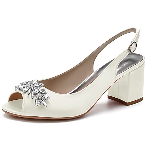 Frauen Peep Zehen Hochzeit Sandalen Blockabsatz Satin Slingback Brautschuhe Mit Strass CGY1195-02A,Elfenbein,40 EU von GGBLCS