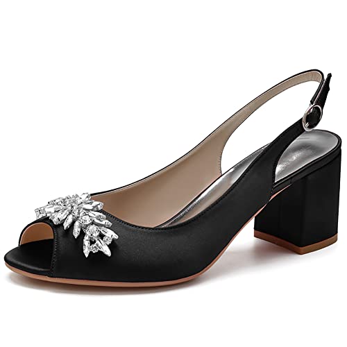 Frauen Peep Zehen Hochzeit Sandalen Blockabsatz Satin Slingback Brautschuhe Mit Strass CGY1195-02A,Schwarz,37 EU von GGBLCS