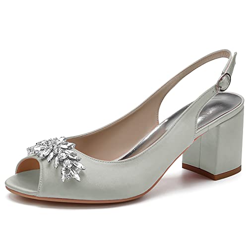 Frauen Peep Zehen Hochzeit Sandalen Blockabsatz Satin Slingback Brautschuhe Mit Strass CGY1195-02A,Silber,41 EU von GGBLCS