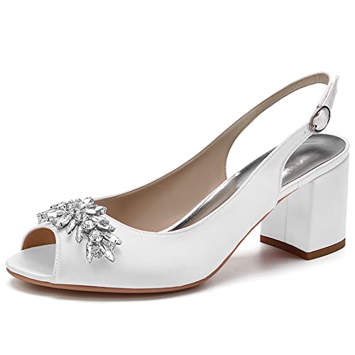 Frauen Peep Zehen Hochzeit Sandalen Blockabsatz Satin Slingback Brautschuhe Mit Strass CGY1195-02A,Weiß,40 EU von GGBLCS