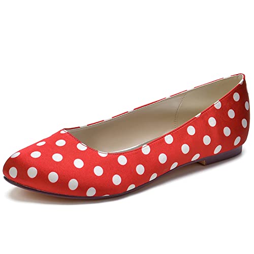 Frauen Runde Zehen Ballerinas Satin Polka Dots Hochzeitsschuhe Flache Brautschuhe 9872-01RD,Rot,39 EU von GGBLCS