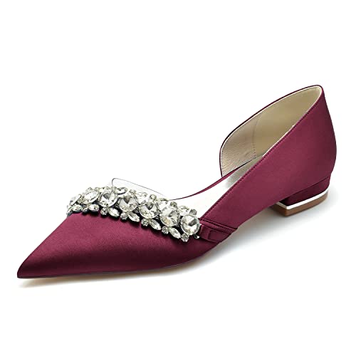 Frauen Satin Flache Brautschuhe Spitze Zehen Ballerinas Strass Hochzeit Brautjungfer Schuhe 18447-52,Burgundy,40 EU von GGBLCS