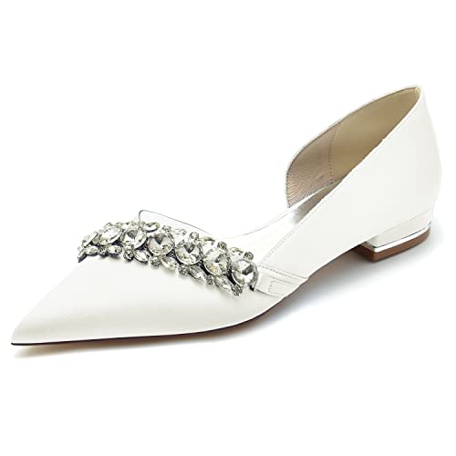 Frauen Satin Flache Brautschuhe Spitze Zehen Ballerinas Strass Hochzeit Brautjungfer Schuhe 18447-52,Elfenbein,39 EU von GGBLCS