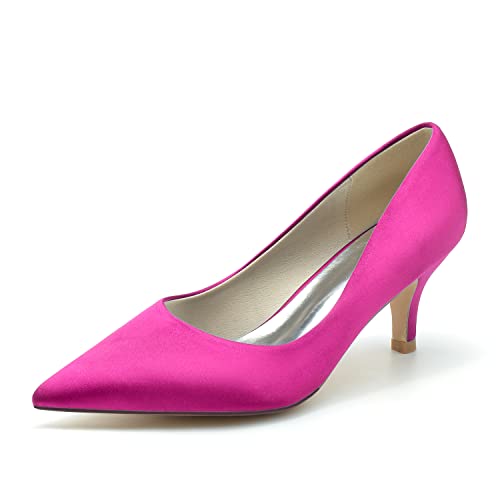 Frauen Satin Niedriger Absatz Pumps Spitze Zehen Hochzeit Brautschuhe 6869-1,Fuchsia,40 EU von GGBLCS