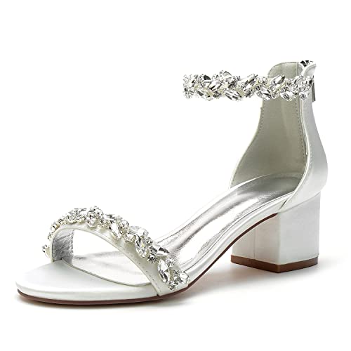 GGBLCS Frauen Strass Brautschuhe Sandalen Niedriger Blockabsatz Knöchelriemen Offene Zehen Satin Hochzeit Prom Schuhe 702-24,Elfenbein,38 EU von GGBLCS